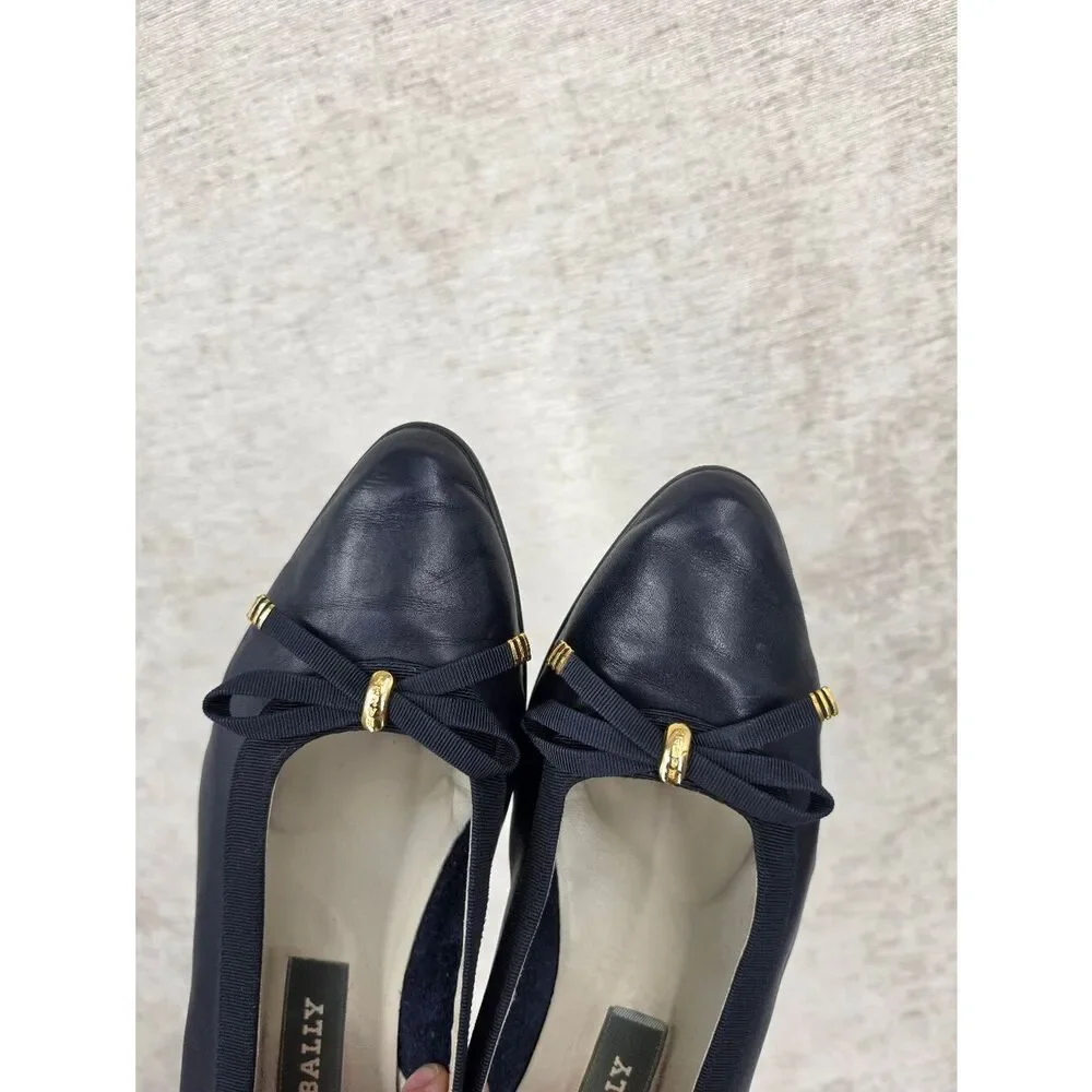 Bally Belle Leather Navy Blue Gold Tone Bow-Accent Women's Low Wedge Ballet Flat - Picture 14 of 14